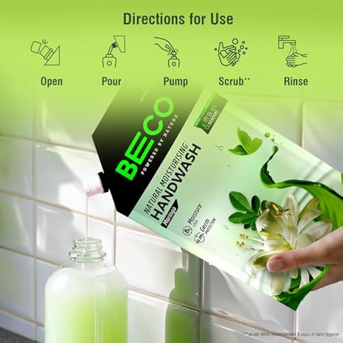 BECO غسول يد سائل مرطب - عطر المورينغا | عبوة من 2 | 675 مل | قفل رطوبة لمدة 8 ساعات | طبيعي، خالي من البارابين، خالي من المواد الكيميائية | يقضي على 99.99% من الجراثيم، آمن لجميع أنواع البشرة - Image 5